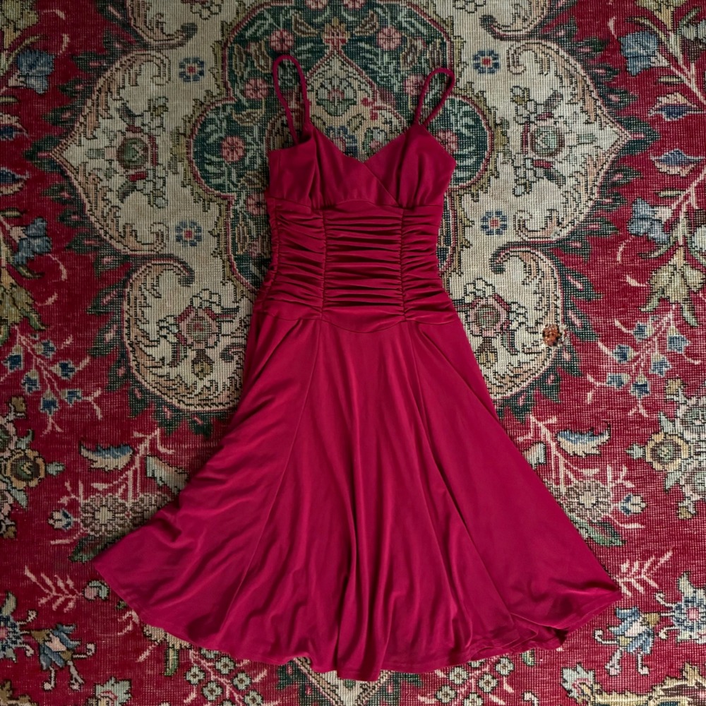 Nine West Fit & Flare Dress Womens 2 Red Ruched Braided Strap Jersey Immaculate